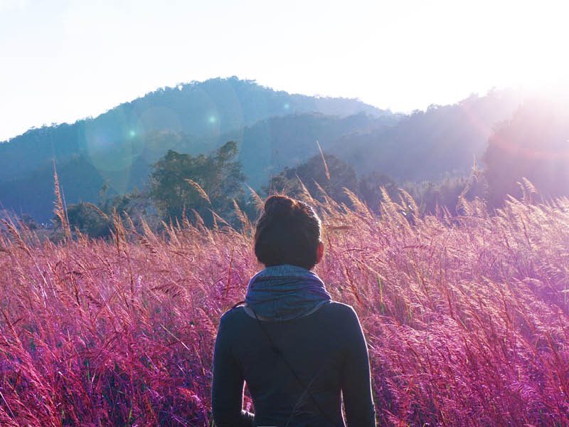 Woman stares blankly into a field