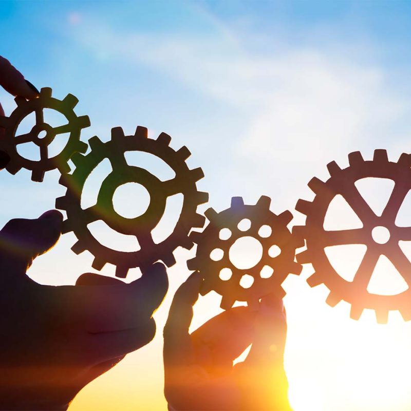 Four people holding different sized gears to represent system working together
