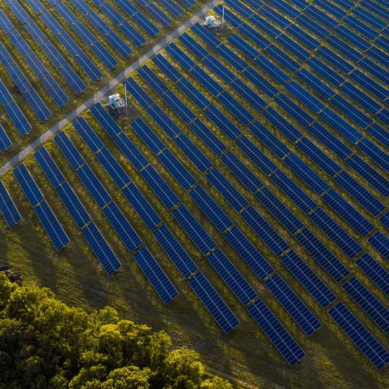 Bird's eye view of a solar farm